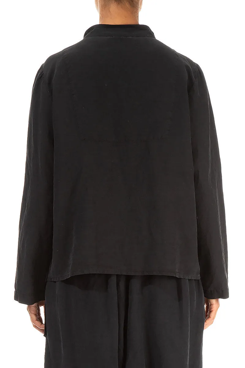 Slanted Pocket Black Silk Linen Jacket