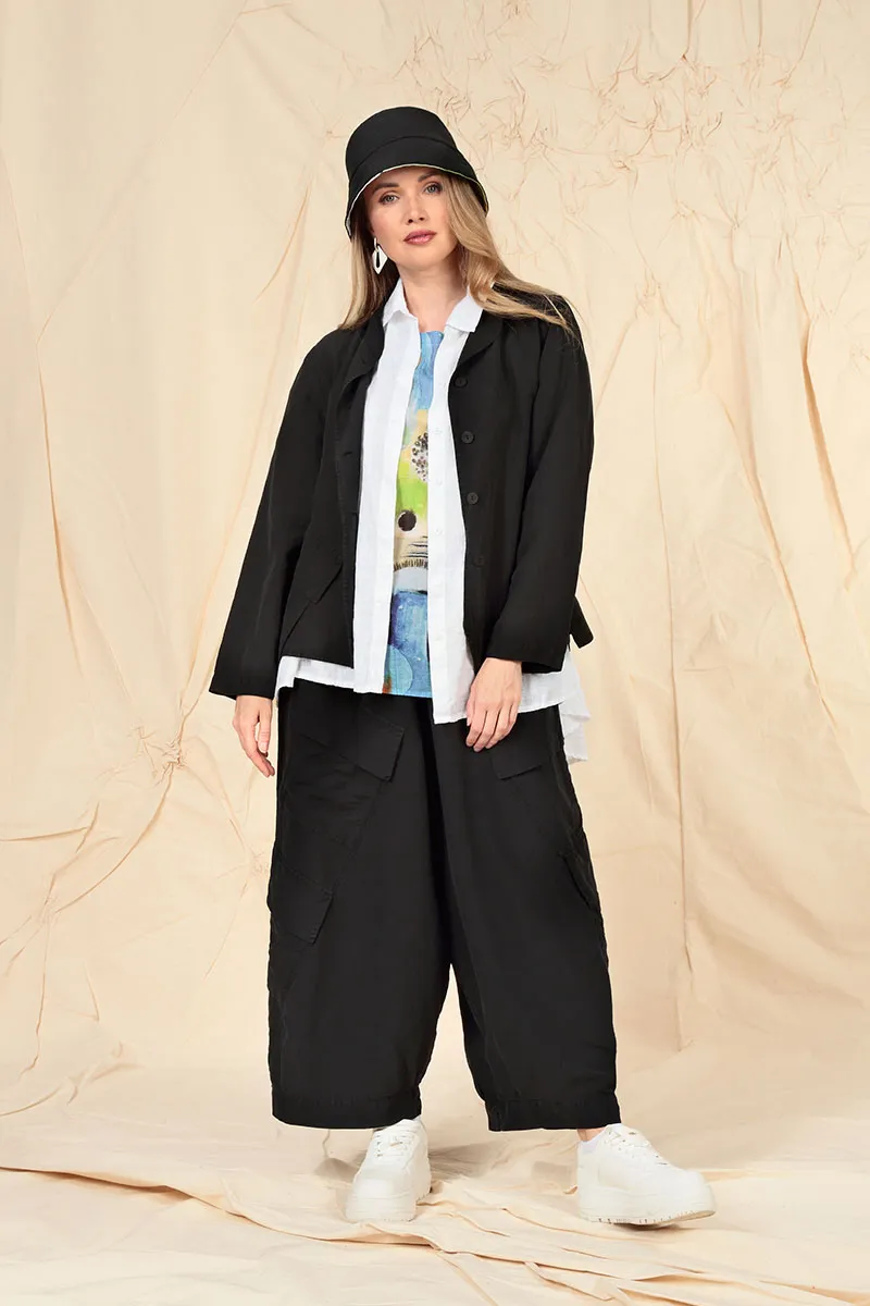 Slanted Pocket Black Silk Linen Jacket