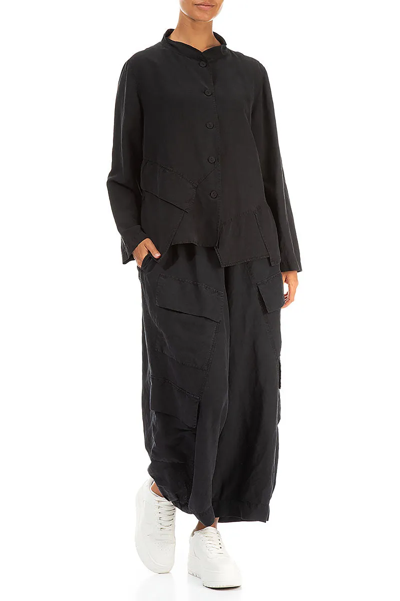 Slanted Pocket Black Silk Linen Jacket