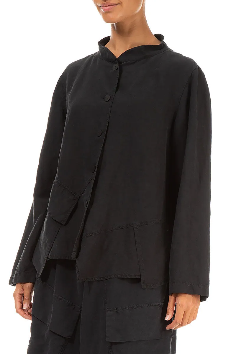 Slanted Pocket Black Silk Linen Jacket