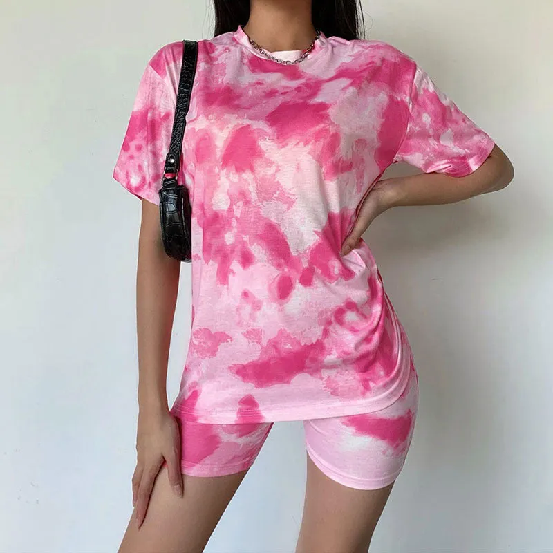 Summer Black Women Trendy Dye Colourful Loose Slim Look Casual T-Shirt Short Sets T-Shirt