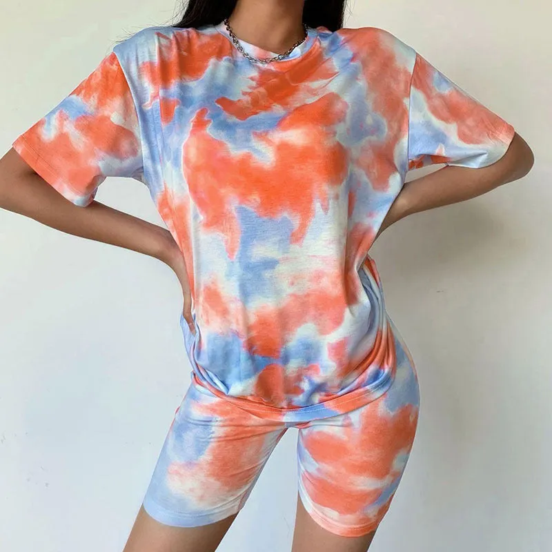 Summer Black Women Trendy Dye Colourful Loose Slim Look Casual T-Shirt Short Sets T-Shirt
