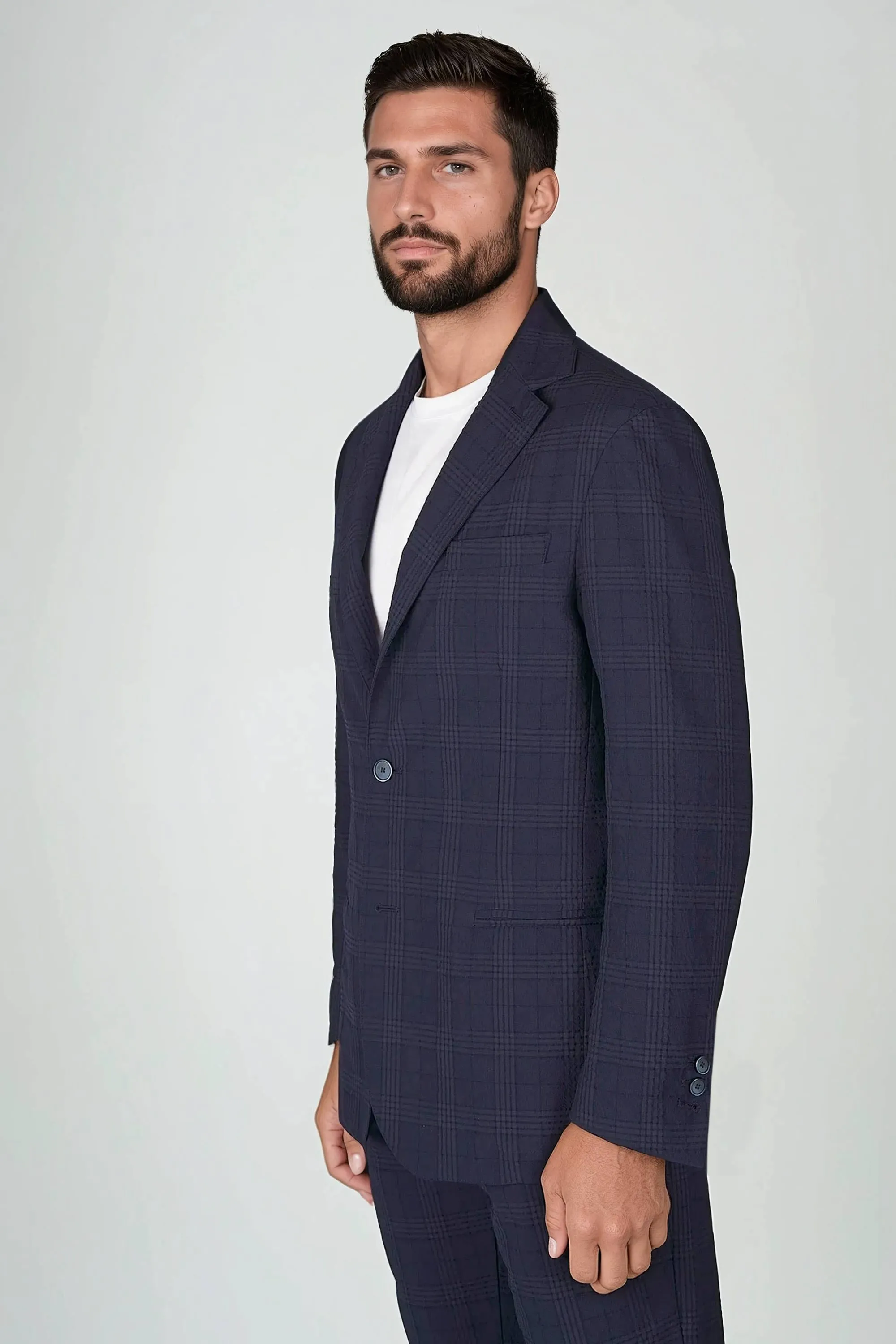 Unlined Blue Prince of Wales Seersucker Blazer