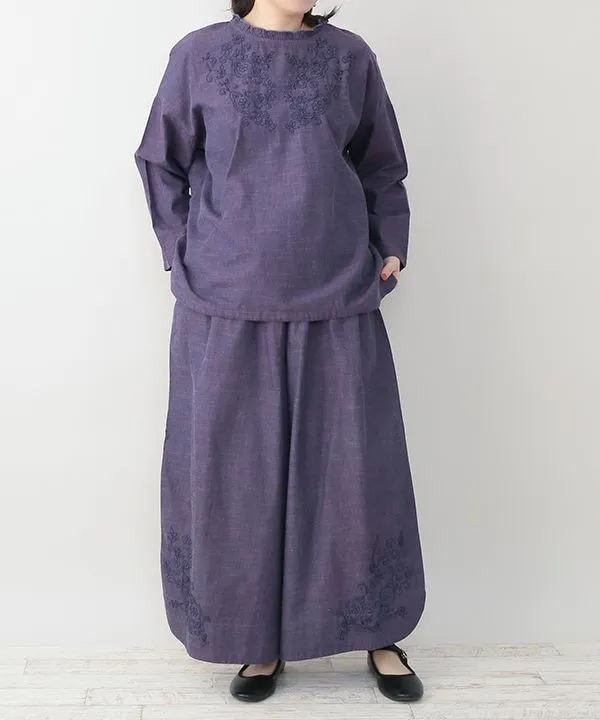 Vegetable and Flower Embroidery Chambray Wide Pants 25S448 [Expected to arrive in stock around March].