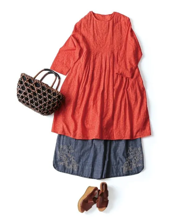 Vegetable and Flower Embroidery Chambray Wide Pants 25S448 [Expected to arrive in stock around March].