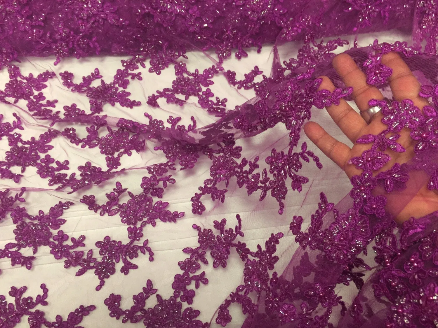 Violet flower tiara design embroider and beaded on a mesh lace-prom-nightgown-decorations-dresses-Sold by the yard.
