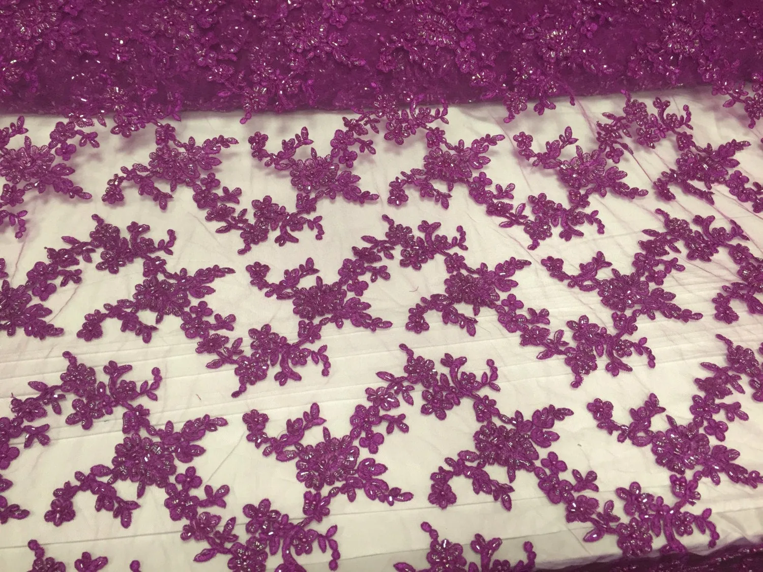 Violet flower tiara design embroider and beaded on a mesh lace-prom-nightgown-decorations-dresses-Sold by the yard.