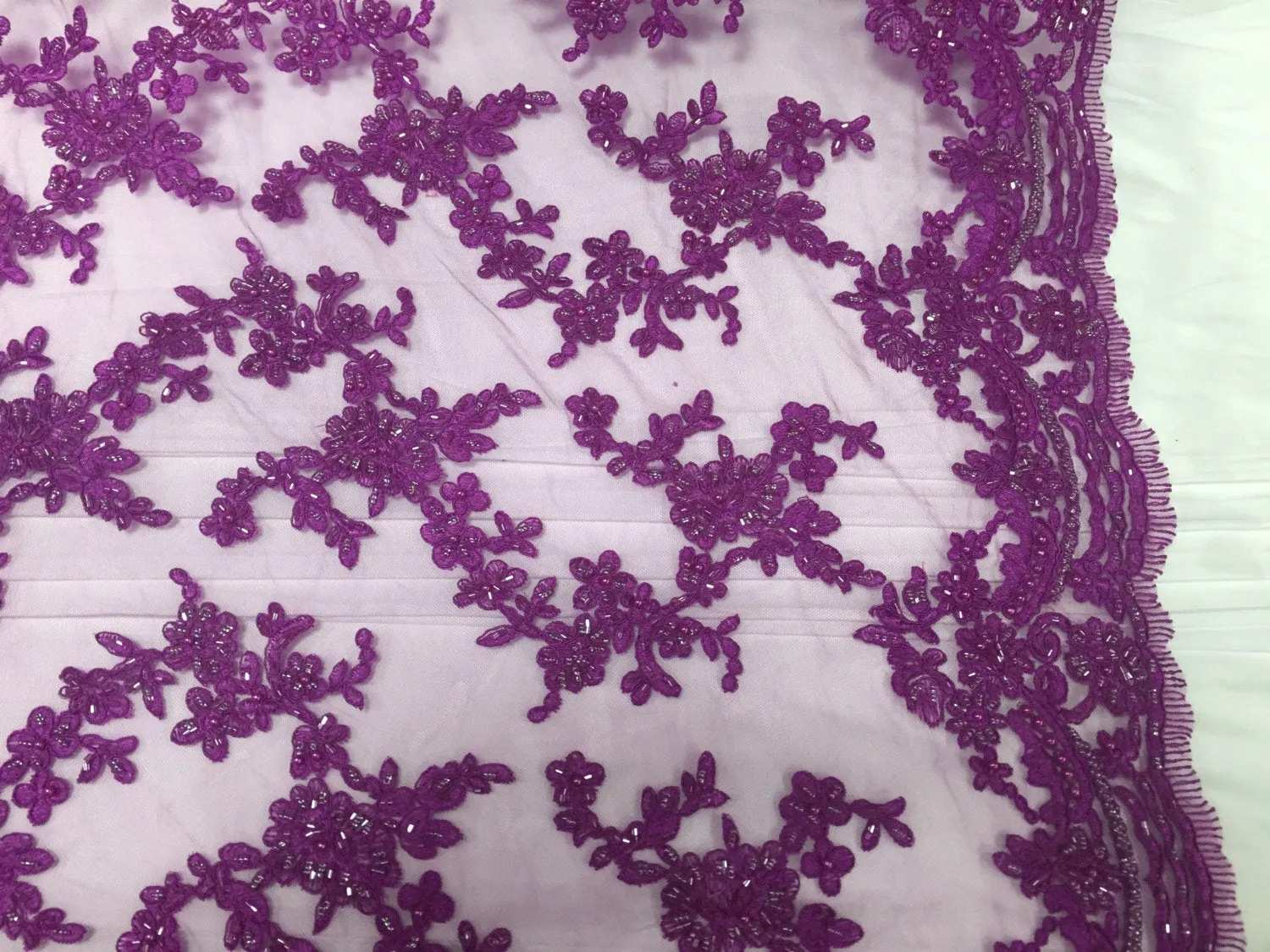 Violet flower tiara design embroider and beaded on a mesh lace-prom-nightgown-decorations-dresses-Sold by the yard.