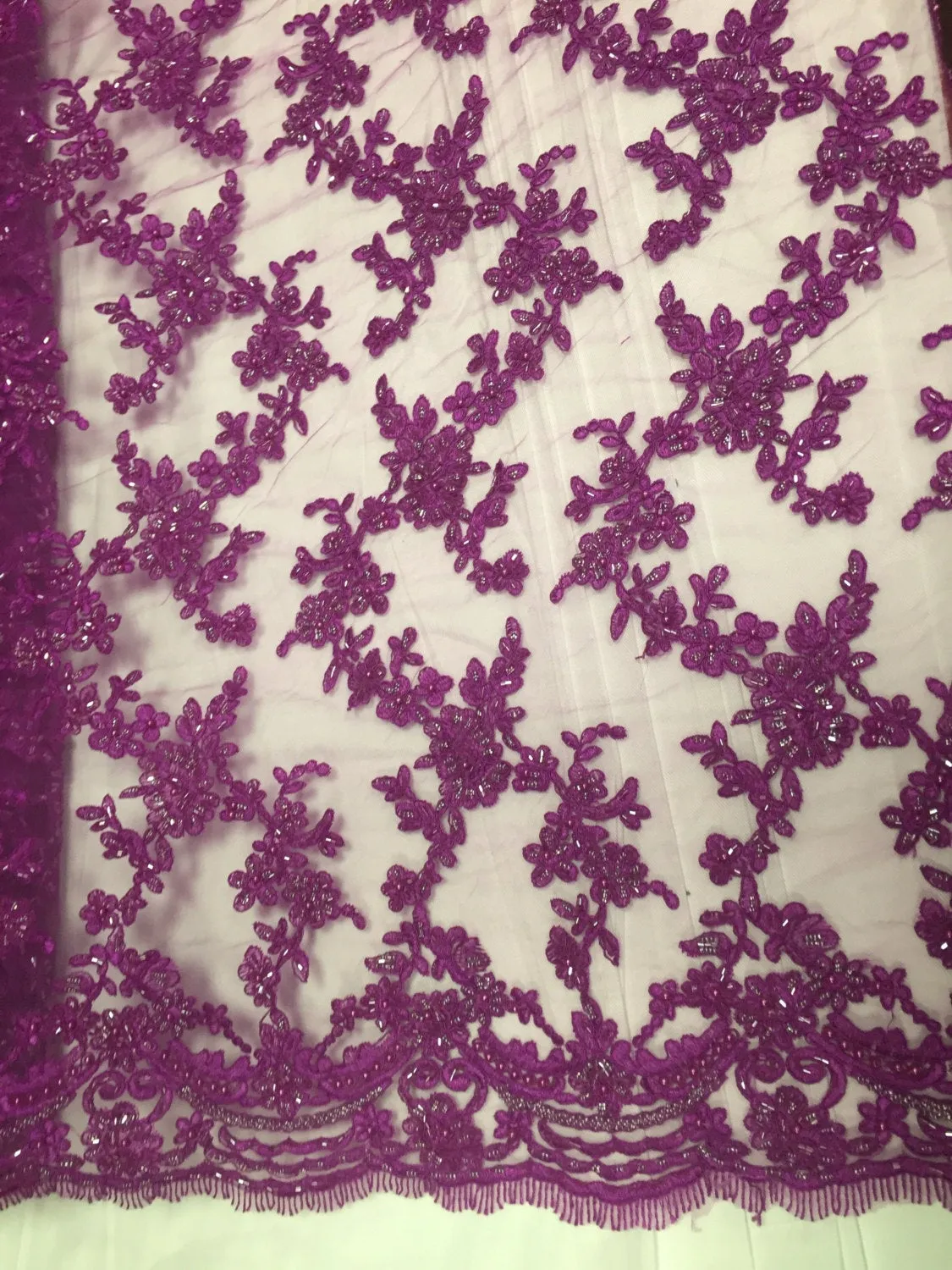 Violet flower tiara design embroider and beaded on a mesh lace-prom-nightgown-decorations-dresses-Sold by the yard.