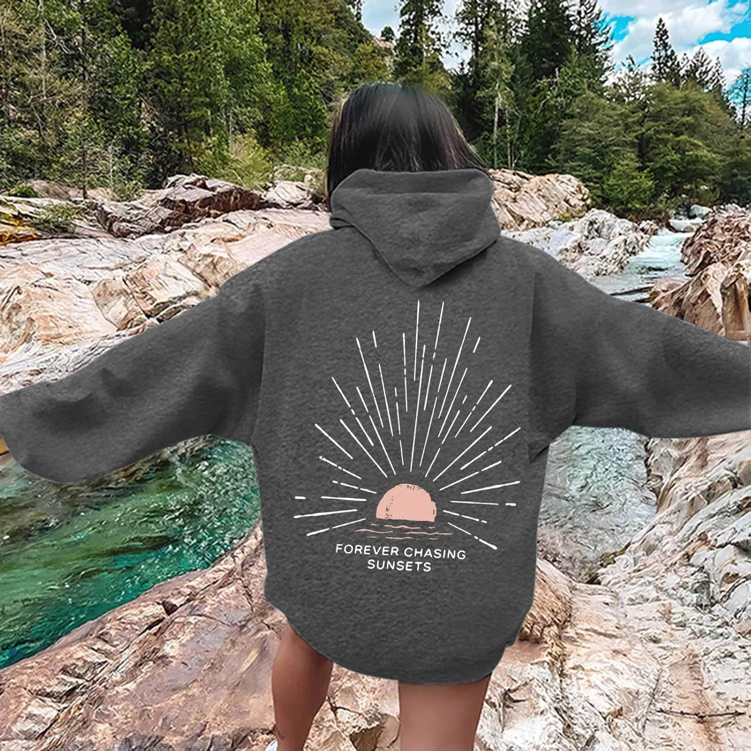 Women Oversized Hoodie Beachy Sweatshirt Letter Printed Always Chasing Sunsets Hoodies Solid Color Soft Top