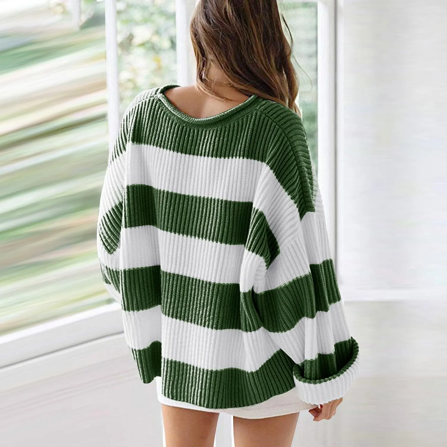 Women's 2024 Fall Long Sleeve Crew Neck Striped Color Block Comfy Loose Oversized Knitted Pullover Sweater