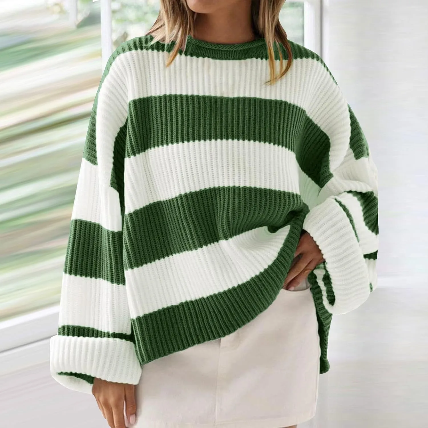 Women's 2024 Fall Long Sleeve Crew Neck Striped Color Block Comfy Loose Oversized Knitted Pullover Sweater
