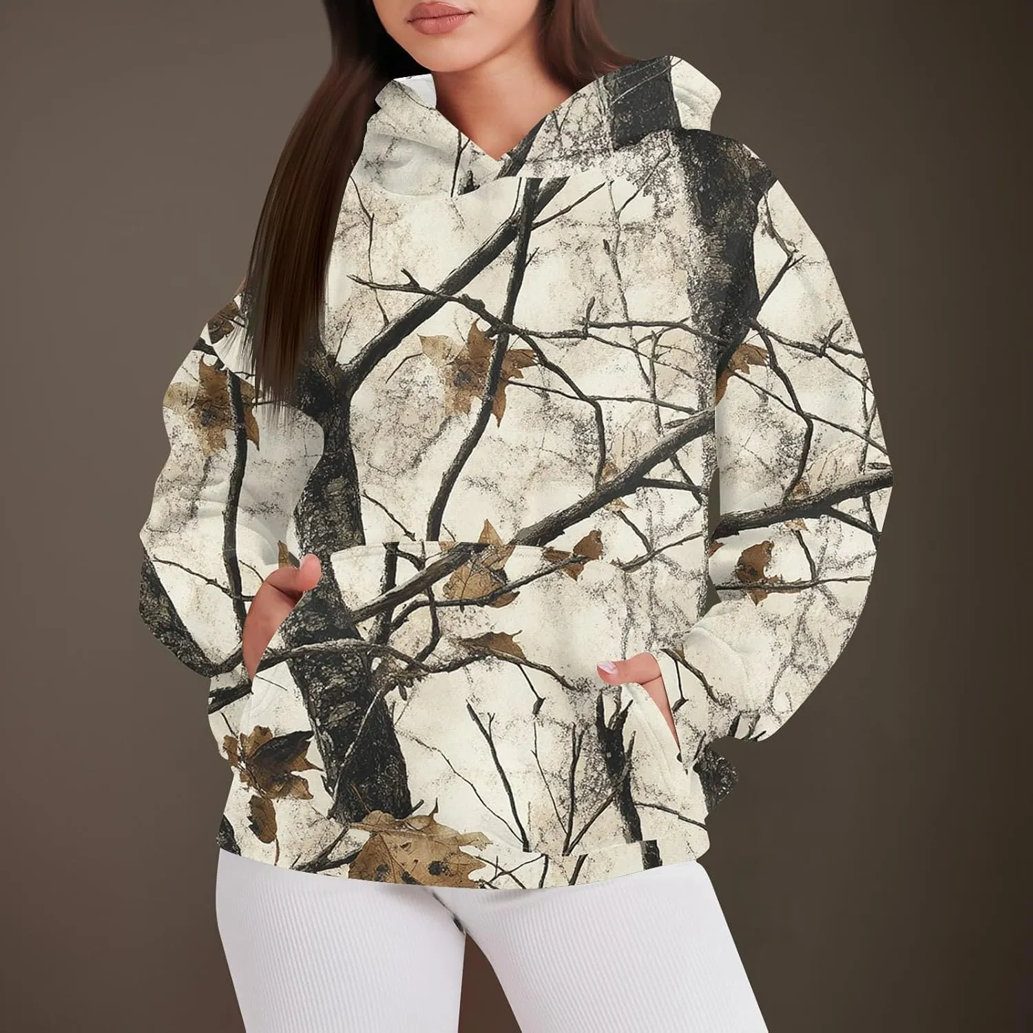 Womens Camo Hoodie Fall Winter Sweatshirt Maple Leaf Print Hoodie Drop Shoulder Long Sleeve Camo Shirt With Pocket
