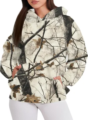 Womens Camo Hoodie Fall Winter Sweatshirt Maple Leaf Print Hoodie Drop Shoulder Long Sleeve Camo Shirt With Pocket