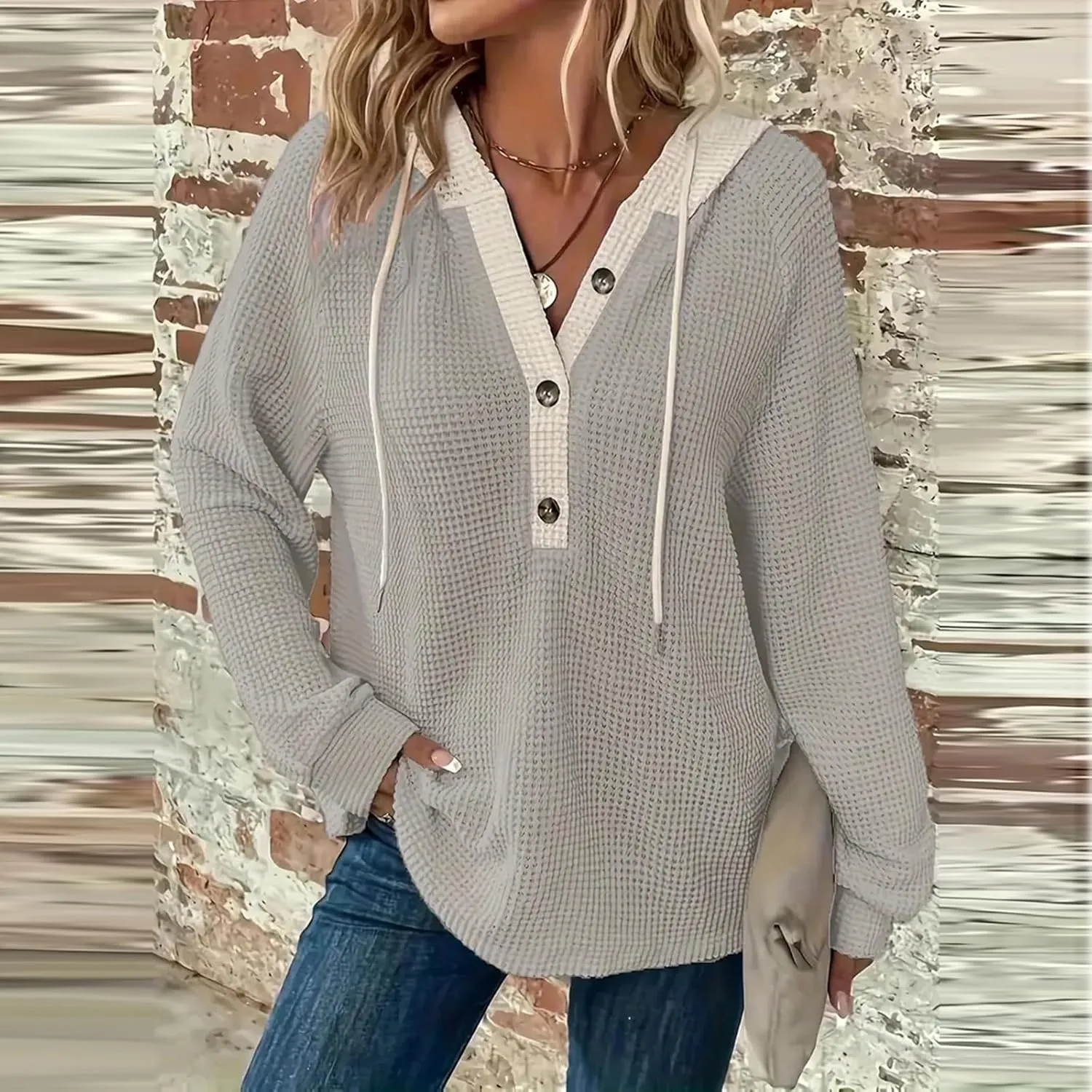 Womens Hoodies Waffle Knit Drawstring Long Sleeve Pullover Casual V Neck Oversized Button Up Sweatshirt Tops