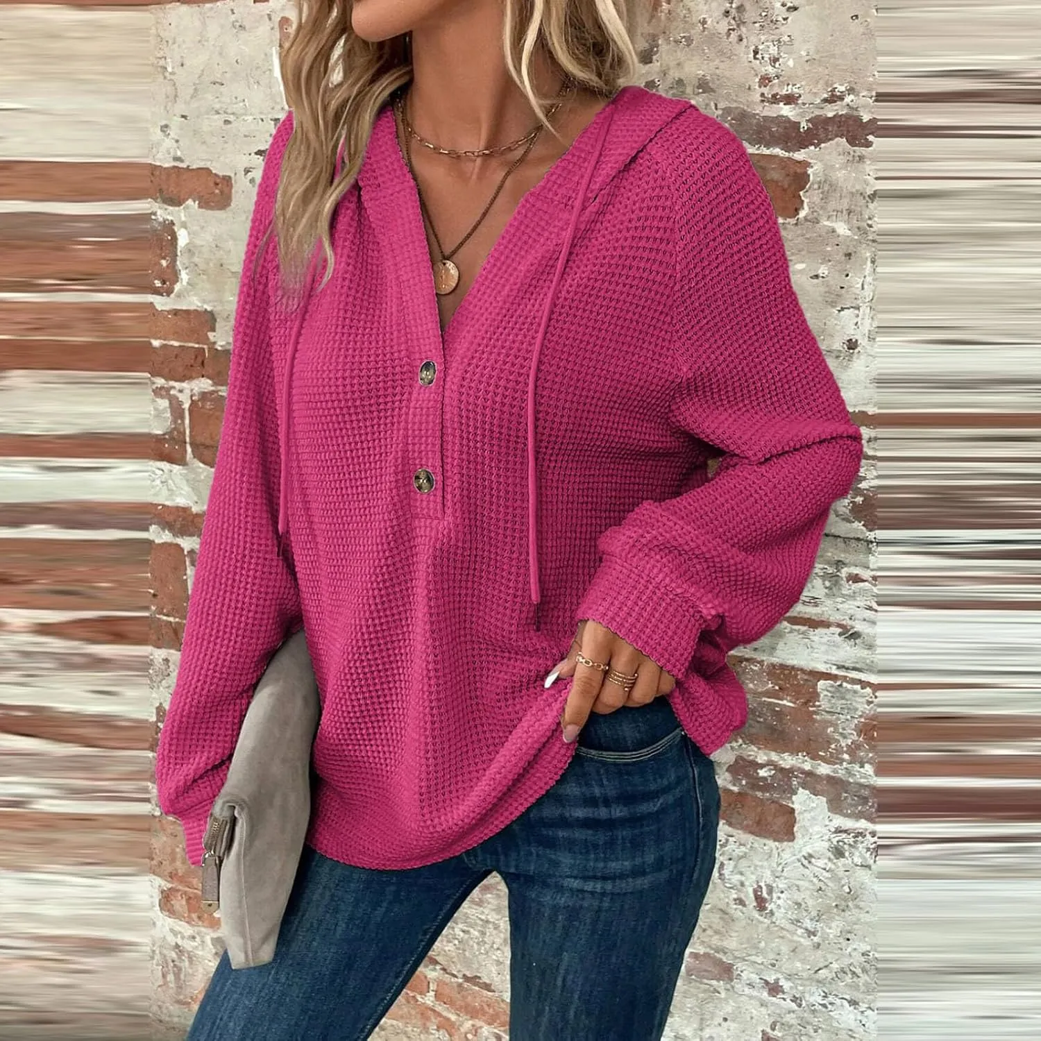 Womens Hoodies Waffle Knit Drawstring Long Sleeve Pullover Casual V Neck Oversized Button Up Sweatshirt Tops