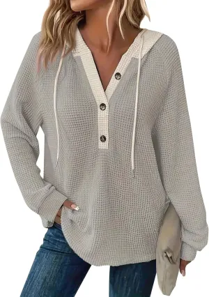 Womens Hoodies Waffle Knit Drawstring Long Sleeve Pullover Casual V Neck Oversized Button Up Sweatshirt Tops