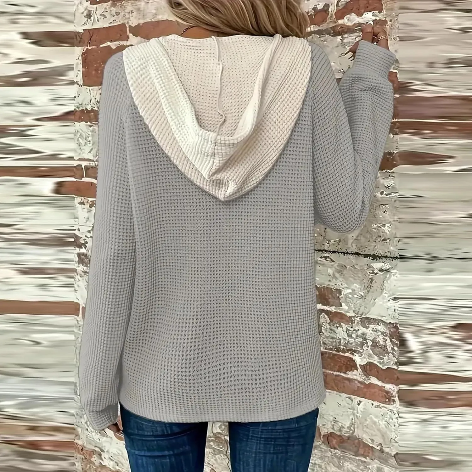 Womens Hoodies Waffle Knit Drawstring Long Sleeve Pullover Casual V Neck Oversized Button Up Sweatshirt Tops