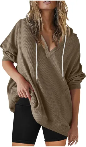 Womens Oversized Sweatshirt V Neck Hoodies Casual Drawstring Hooded Pullover Top Waffle Long Sleeve Workout Tops