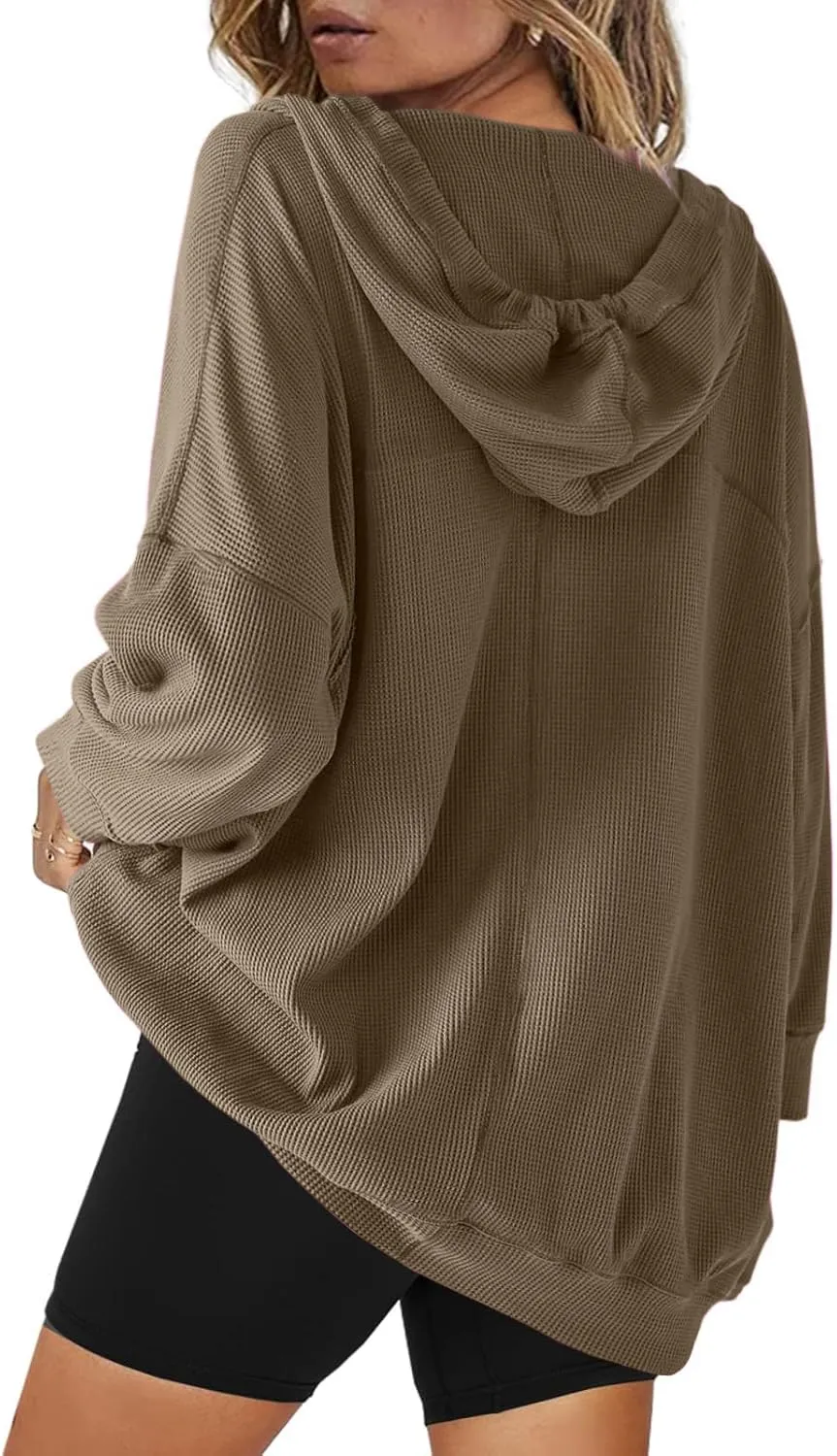 Womens Oversized Sweatshirt V Neck Hoodies Casual Drawstring Hooded Pullover Top Waffle Long Sleeve Workout Tops