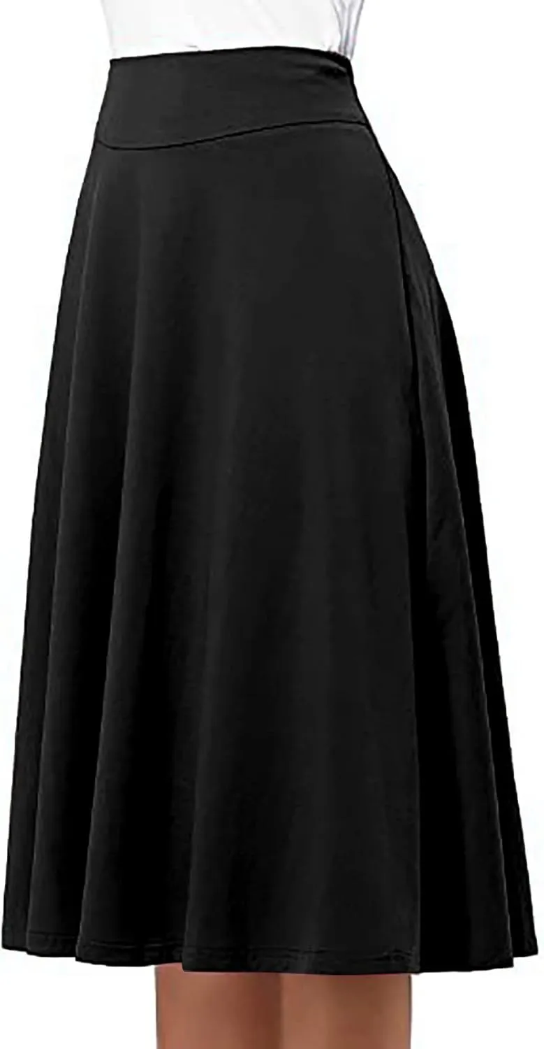 Womens Summer High Waist Midi Skirt Elegant Solid Color A Line Skirt Loose Office Business Flared Skirt