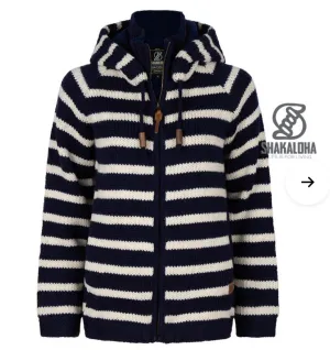 Woollen Cardigan with Navy Blue & White Horizontal Stripes
