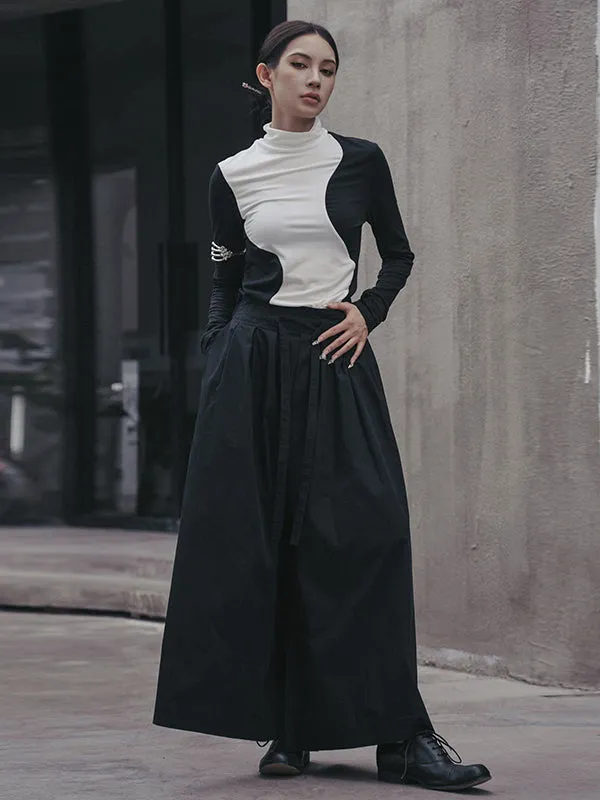 xakxx Urban Skinny Long Sleeves Contrast Color Asymmetric Split-Joint High-Neck T-Shirts Tops