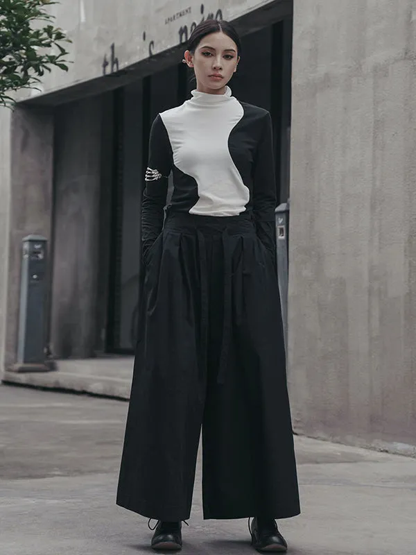 xakxx Urban Skinny Long Sleeves Contrast Color Asymmetric Split-Joint High-Neck T-Shirts Tops