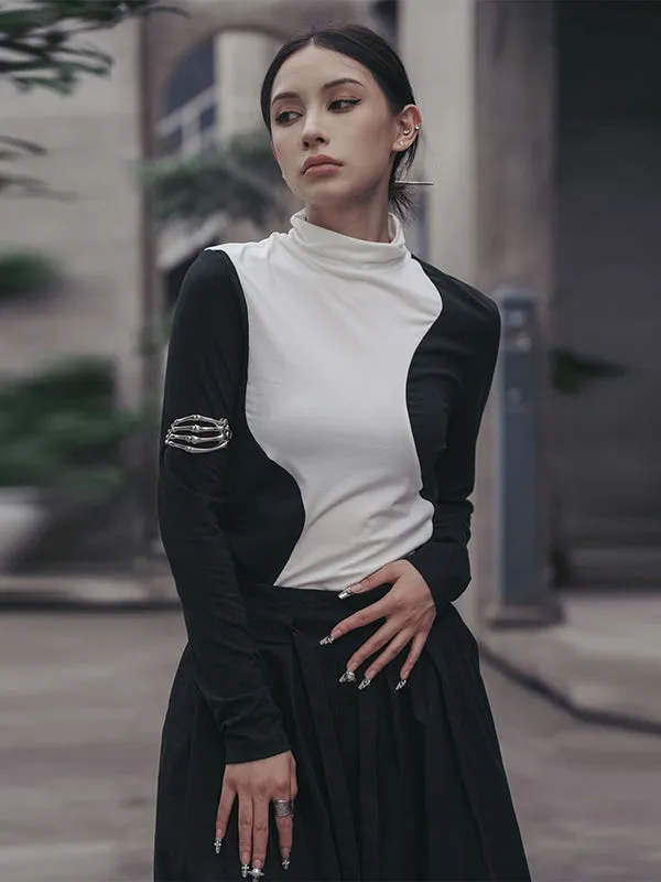 xakxx Urban Skinny Long Sleeves Contrast Color Asymmetric Split-Joint High-Neck T-Shirts Tops