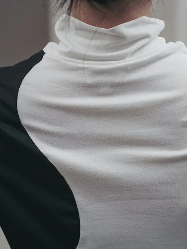xakxx Urban Skinny Long Sleeves Contrast Color Asymmetric Split-Joint High-Neck T-Shirts Tops