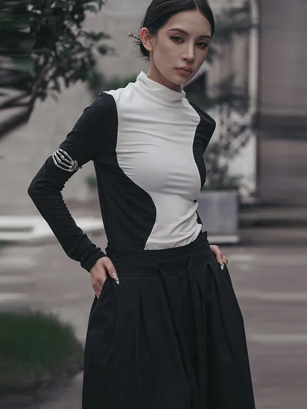xakxx Urban Skinny Long Sleeves Contrast Color Asymmetric Split-Joint High-Neck T-Shirts Tops