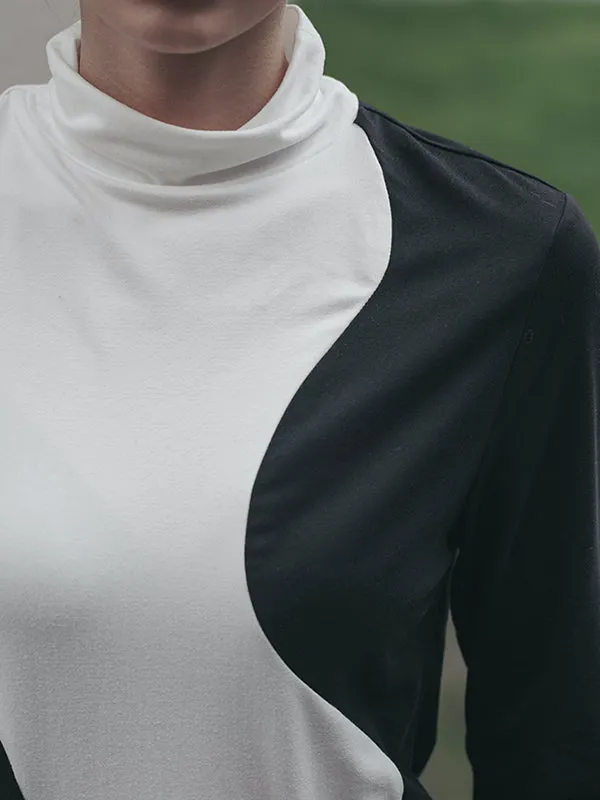 xakxx Urban Skinny Long Sleeves Contrast Color Asymmetric Split-Joint High-Neck T-Shirts Tops