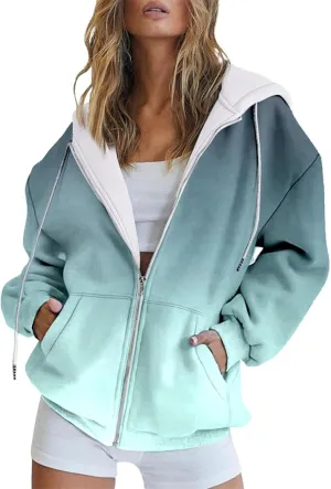 Zip Up Sweatshirt Women Oversized Lightweight Hooded Patterned Sweatshirt Long Sleeve Sweatshirts Casual Fall Clothes